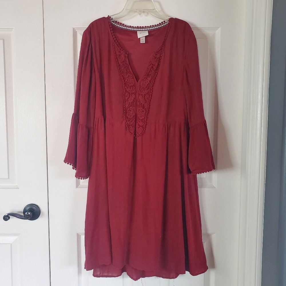 Knox Rose Burgundy Babydoll Dress Peasant Bohemian Lace Bell Long Sleeves XL